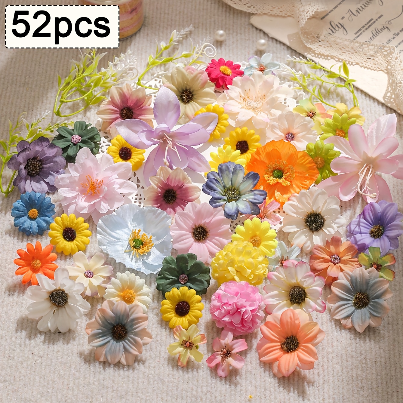 20/52pcs Artificial Flower Heads, Assorted Sizes Of Synthetic Flowers, Mini Fake Flowers, Daisy Flowers, Suitable For Wedding Crafts, Home Decor
