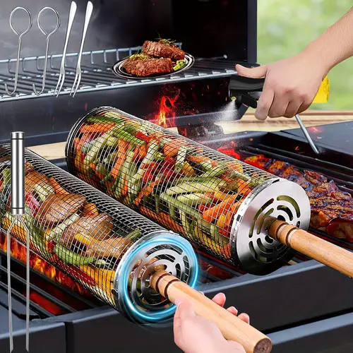 2 sets stainless steel bbq grill baskets with removable wooden handles rolling grilling net for vegetables shrimp meats more perfect outdoor cooking camping accessories great gift for men dad husband grilling accessories for outdoor grill