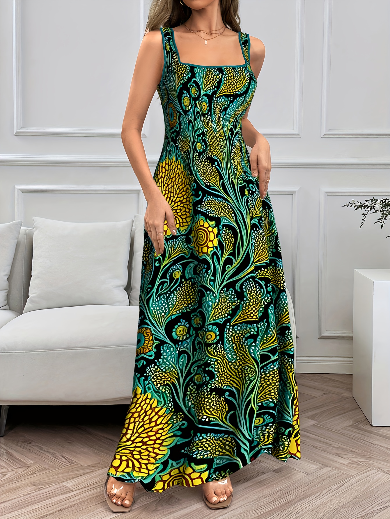 casual fashion floral placement neck dress