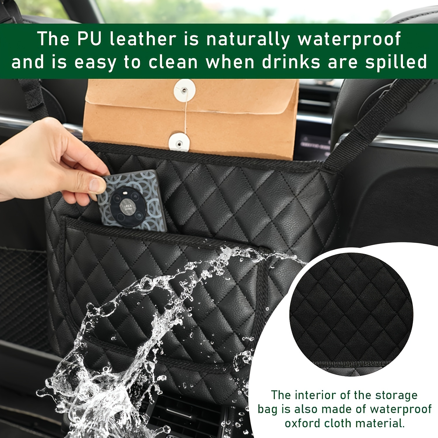 

Waterproof Leather Car With Storage Pockets, Hanging Car Trash Bag, Multifunctional Auto Handbag Holder, Universal Fit, With Cup Holder And Tissue Box Slot For Driver And Side