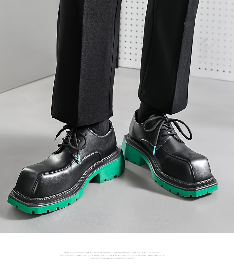 [Trendy Japanese Men's Shoes] Trendy Japanese High-end Popular Men's Shoes | Small Square Head Thick Sole Green Derby Casual Heightening Ins