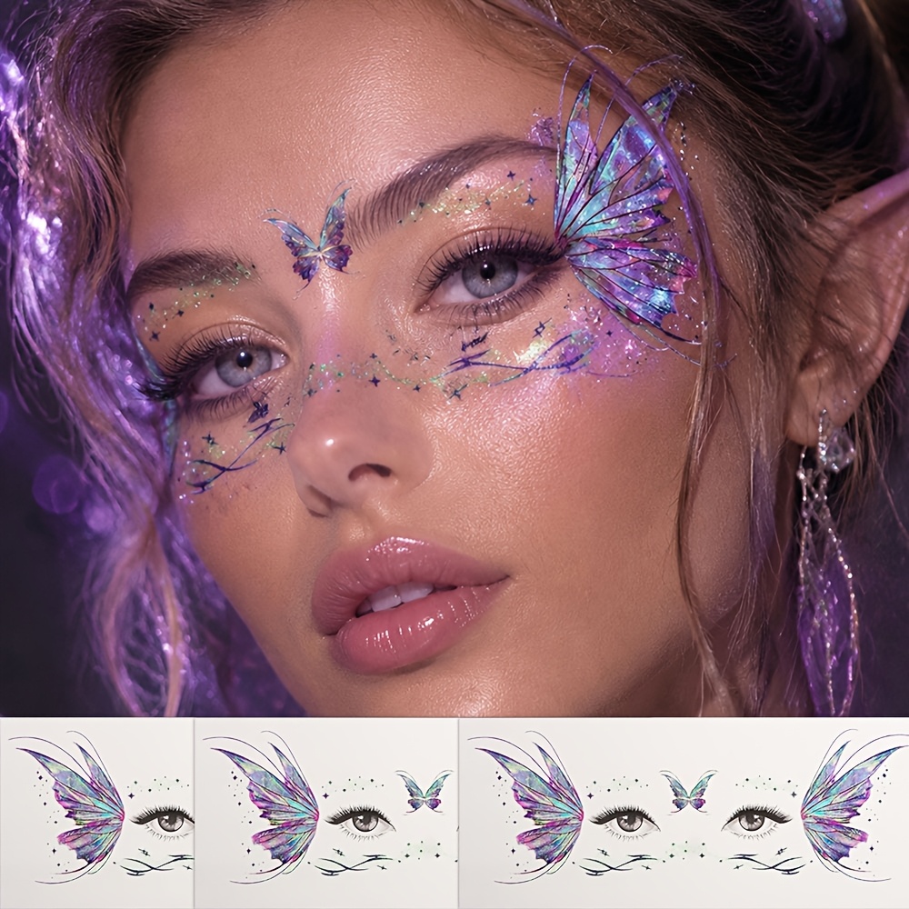 TEMU Pegatinas de tatuajes temporales de mariposas flotantes con para la cara, aptas para mujer, pegatinas impermeables para maquillaje de ojos,