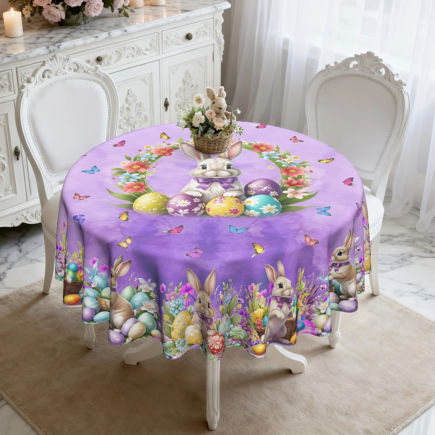 TEMU 1pc, Easter Tablecloth, Spring Easter Bunny Flowers Table Cloth Bunny Eggs Pattern Spring Flowers Tablecloth For Party Home Dinner Easter Decor