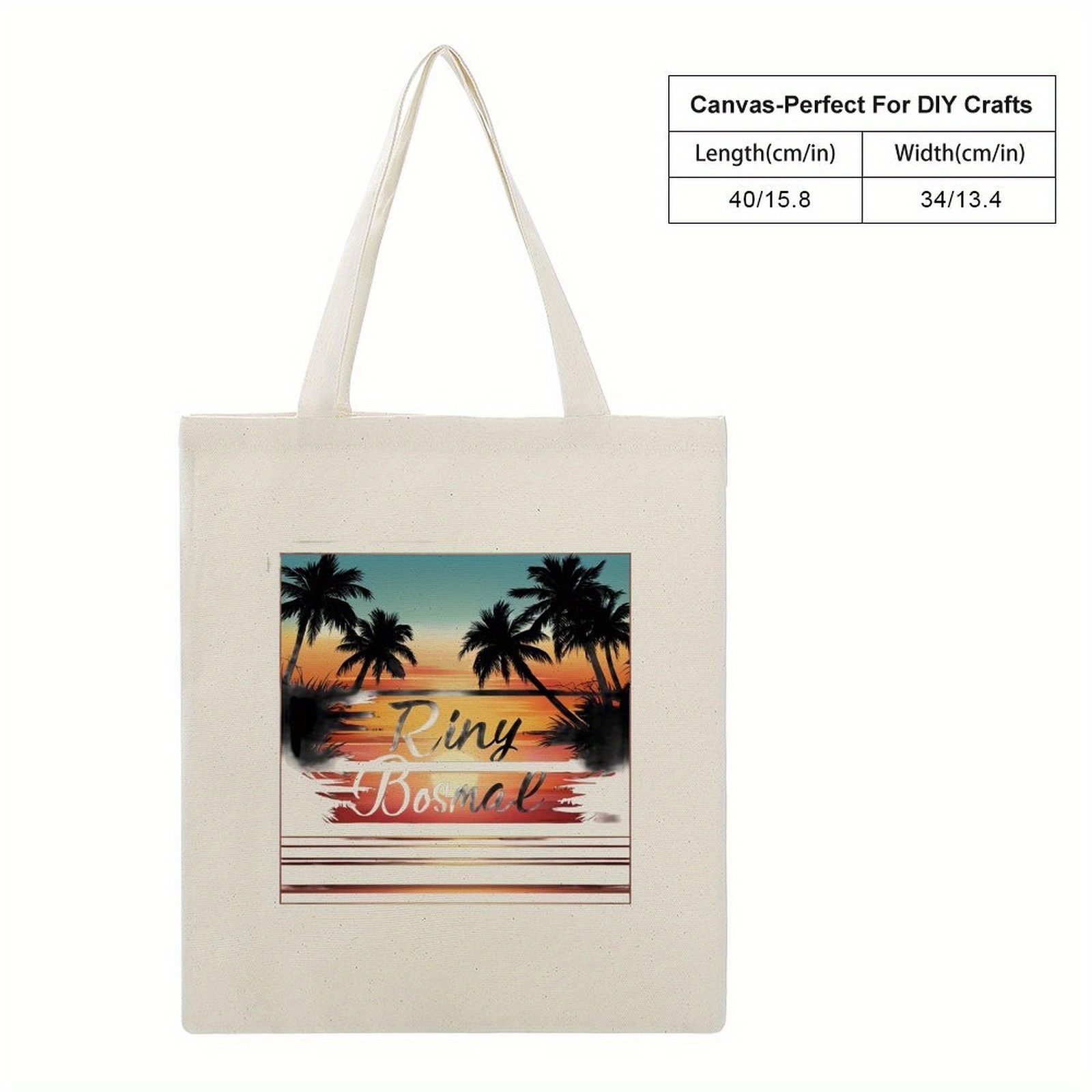   bosmal summer beach tote bag white casual polyester beach bag with palm tree sunset design stylish letter print 34x40cm   home decor mothers day fathers day christmas gifts beach bag accessories sunset scene design