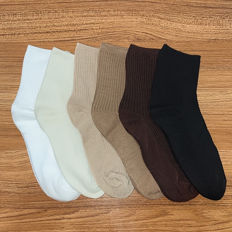 TEMU 6 Pairs Women's Striped Mid-calf Socks, Knit Polyester 95% Spandex 5% Blend, Hand Washable, Stretchy Short Socks