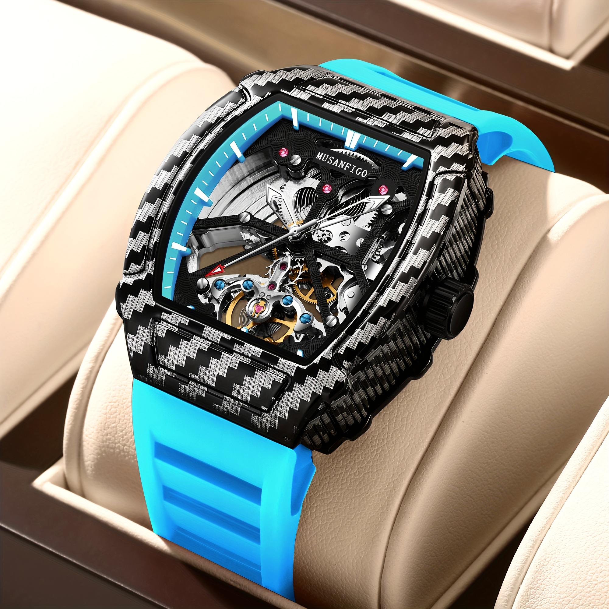 Image of A Stylish Men's Luxury Sports Watch Featuring A Hollow Mechanical Design, Perfect For Casual Wear And As A Gift, Without Battery