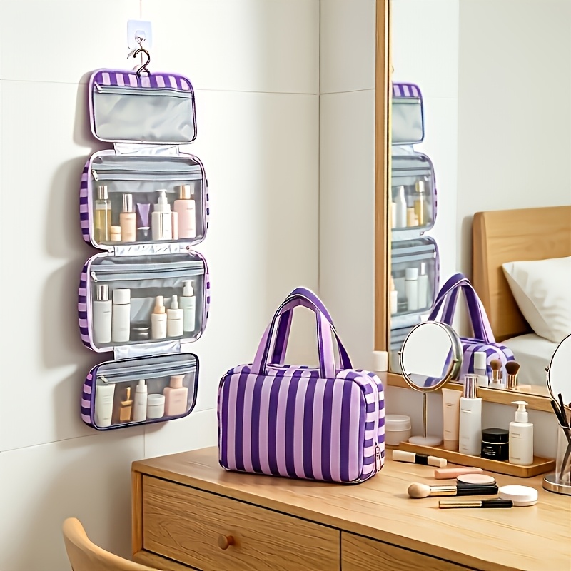 TEMU Purple Striped Unisex Toiletry Bag - Large Capacity Travel Toiletry Bag With Hook, Foldable And Portable Organizer For Cosmetics, Gym & ,