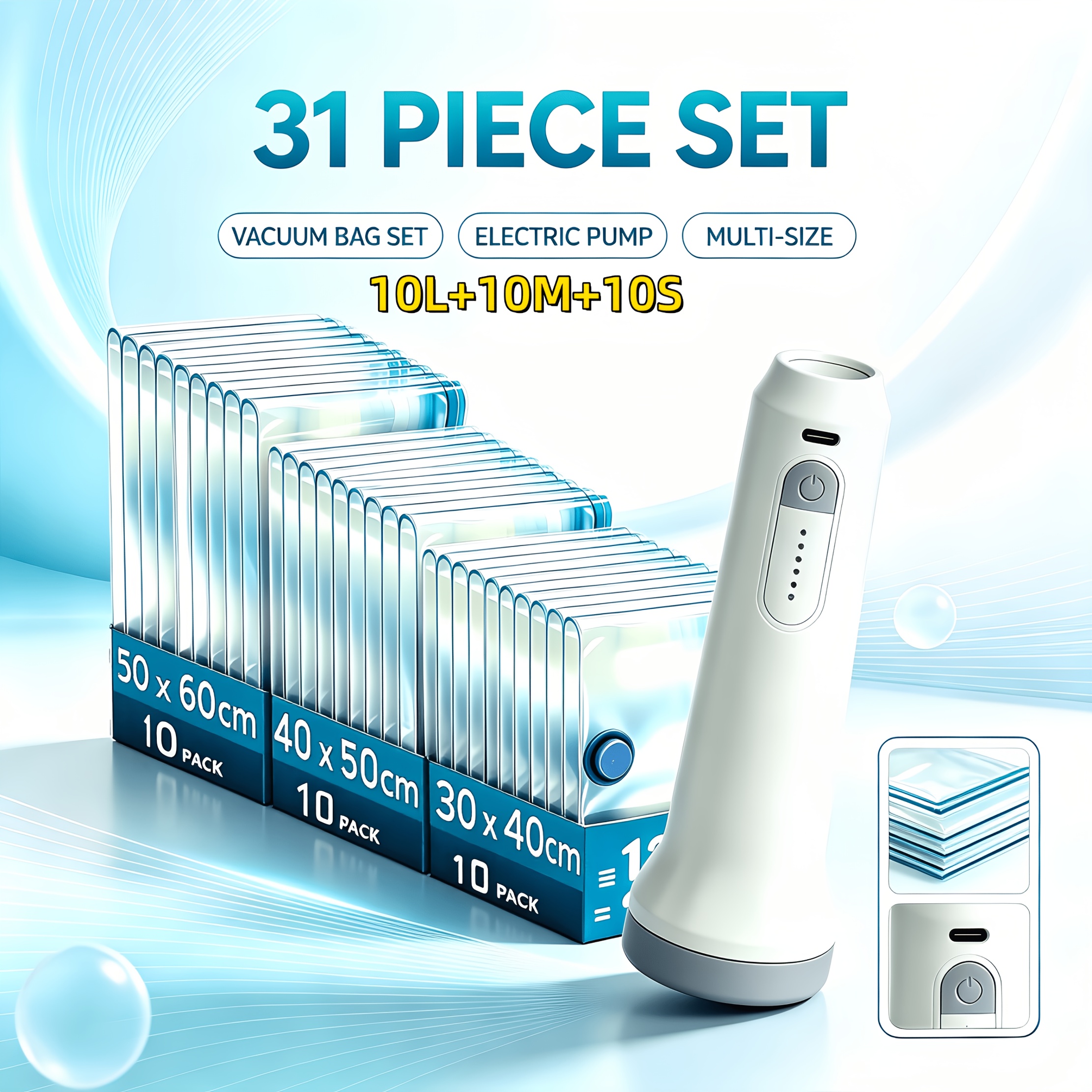 TEMU Lot de 19/22/25/28/ - Grand lot à prix réduit, sacs de conservation sous vide + pompe à air électrique USB avec câble de charge, batterie 1500