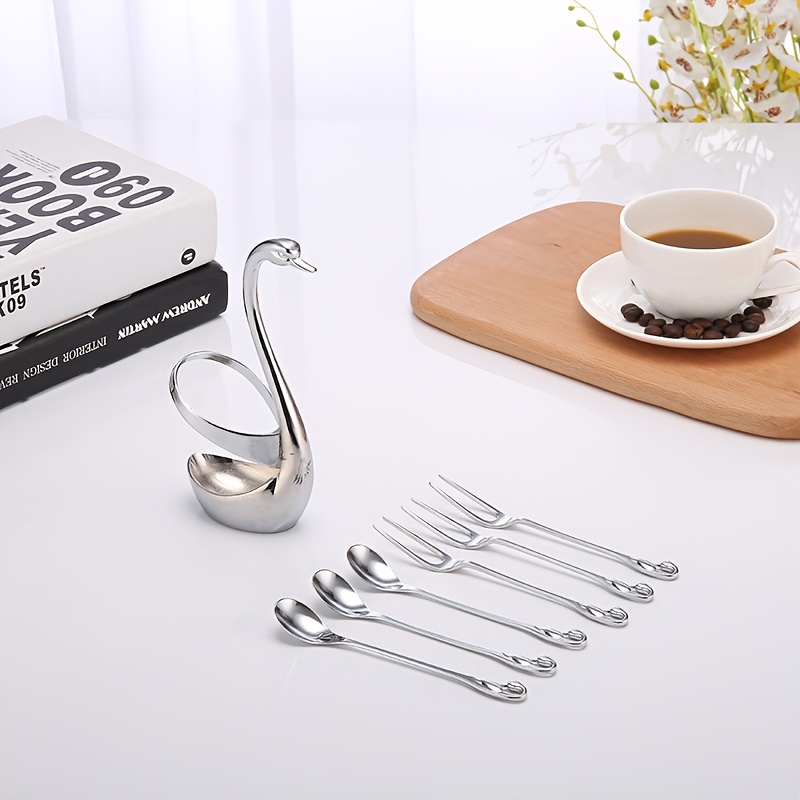 TEMU A 7pcs Stylish Cutlery Holder Designed Like A Swan, Including 1 Swan And And Spoons Made Of Alloy. This Elegant Stainless Steel Cutlery Rack Comes With A Complimentary Set Of Forks And Spoons
