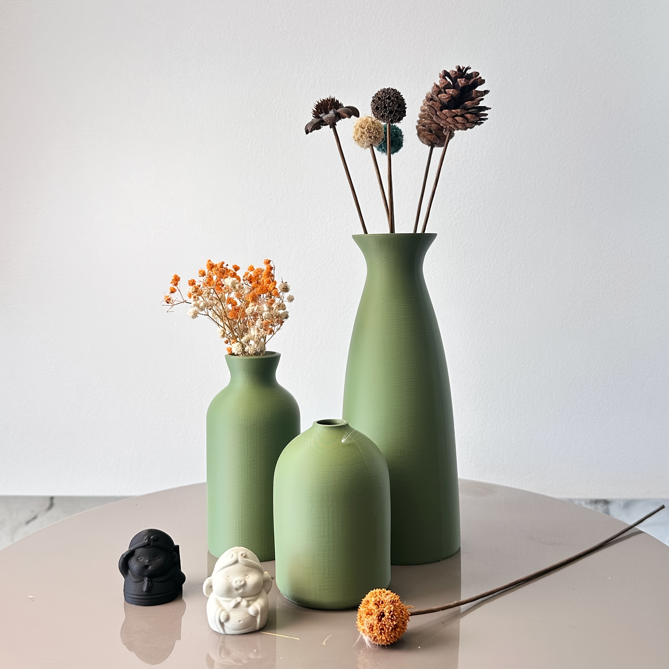 Lot de 3 Vases Décoratifs Art Matcha Vert, Vases à Fleurs Séchées avec Arrangement de Pierres Synthétiques, Idéal pour Décoration d'Intérieur, Entrée ou Bureau