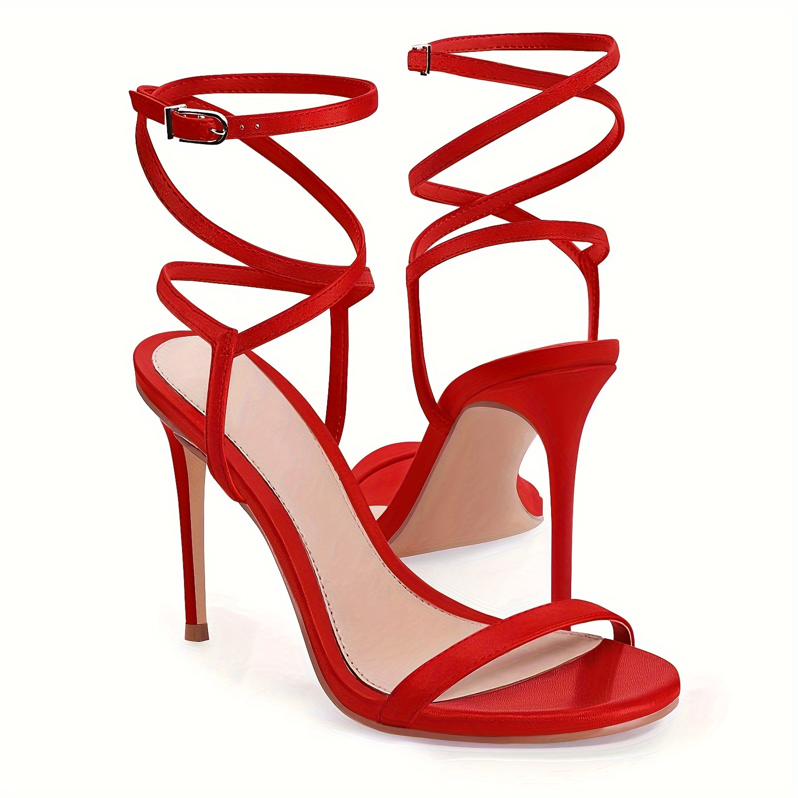 

Women's Red Strappy High Heel Sandals, Ankle Strap Summer Dress Shoes, Faux Leather Material, For Evening Events
