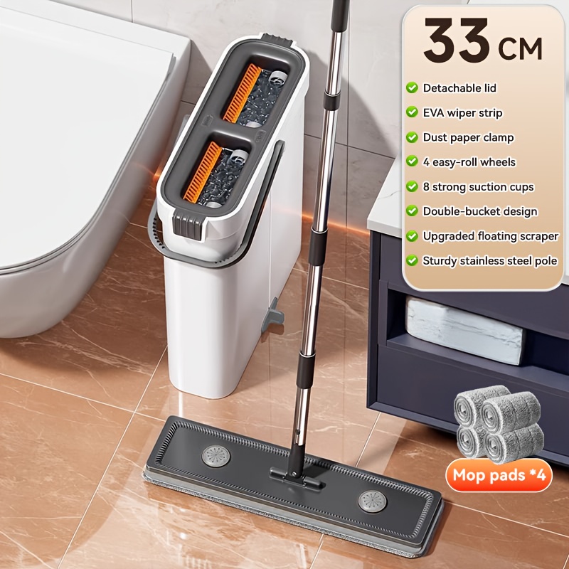 TEMU Ensemble Balai et Seau 40Cm/33Cm avec Essoreuse , Système Balai Plat et Seau pour le Nettoyage des Sols, Balai Laveur Sec et Humide Nettoyeur de