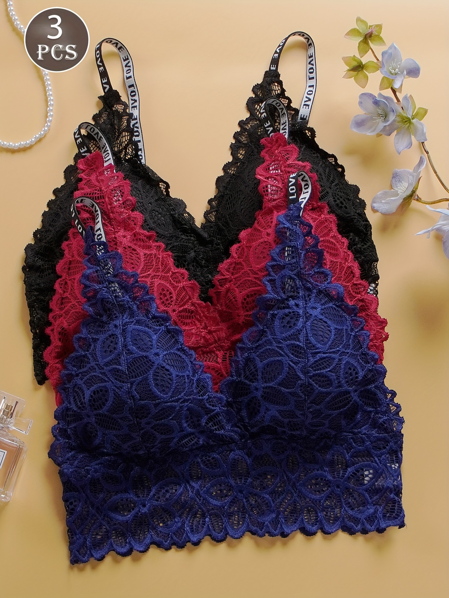 multi color free combination three piece female sexy wireless flower lace bra detachable pad love printed strap light underwear set details 3