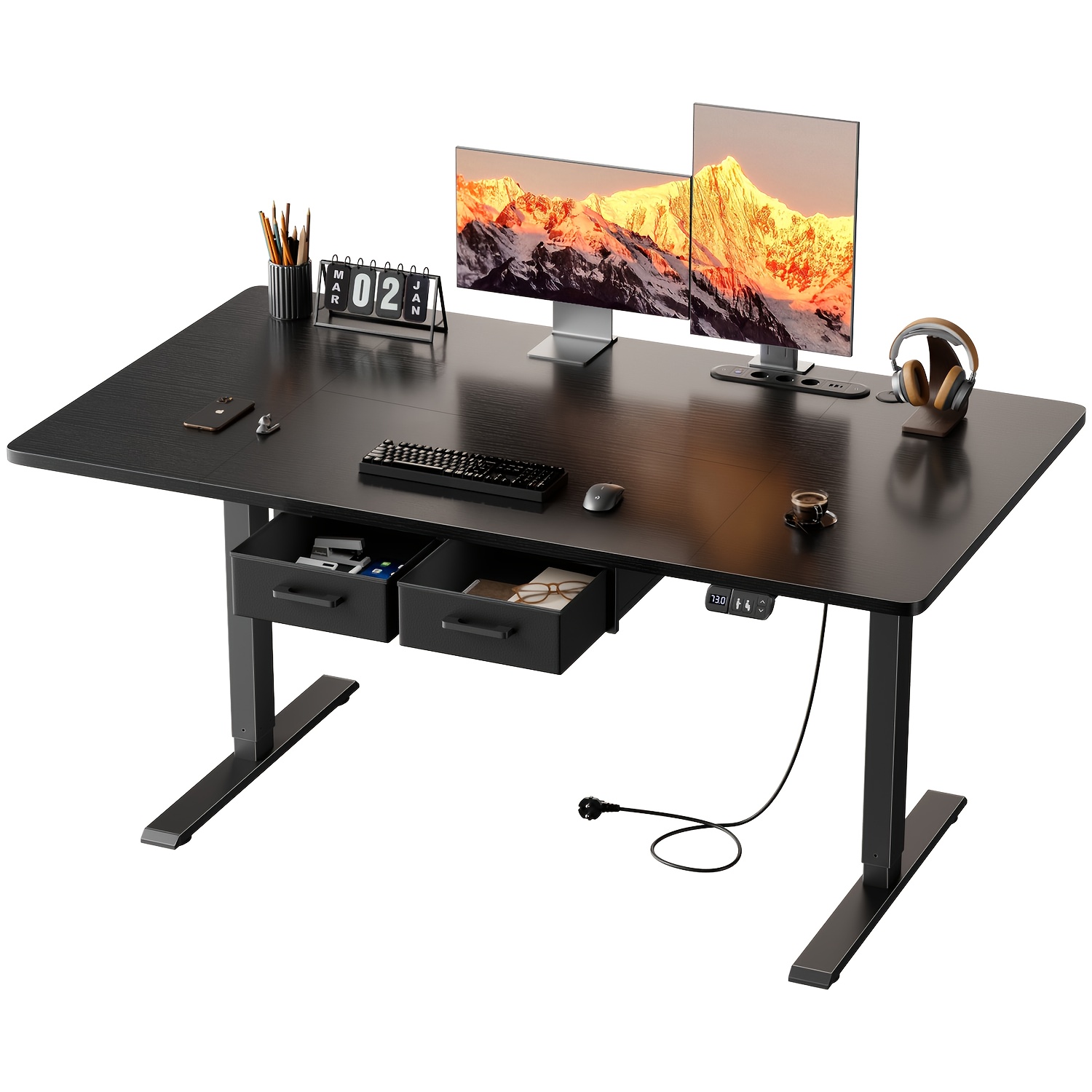 Furnishia Electric Standing Desk With Power Outlets, Memory Height Adjustable Desk With 2 Drawers, Computer Desk For Office And Writing Workstation