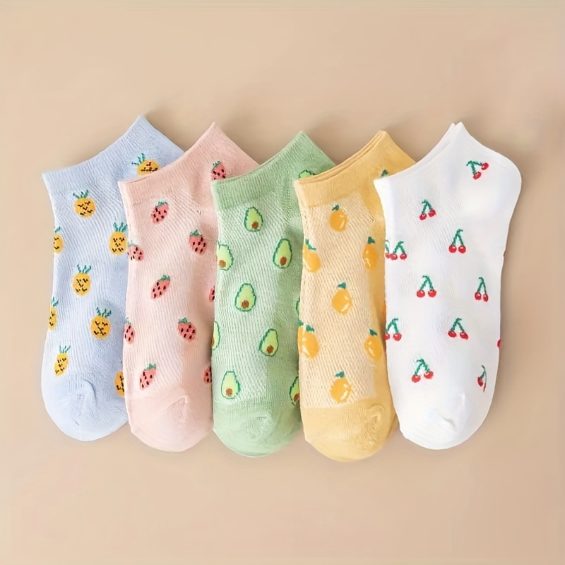 TEMU 5 Pairs Of Women's Thin Colorful Short Socks With Cute Fruit Patterns, Perfect For Spring And Summer, Trendy And Versatile In A College Style