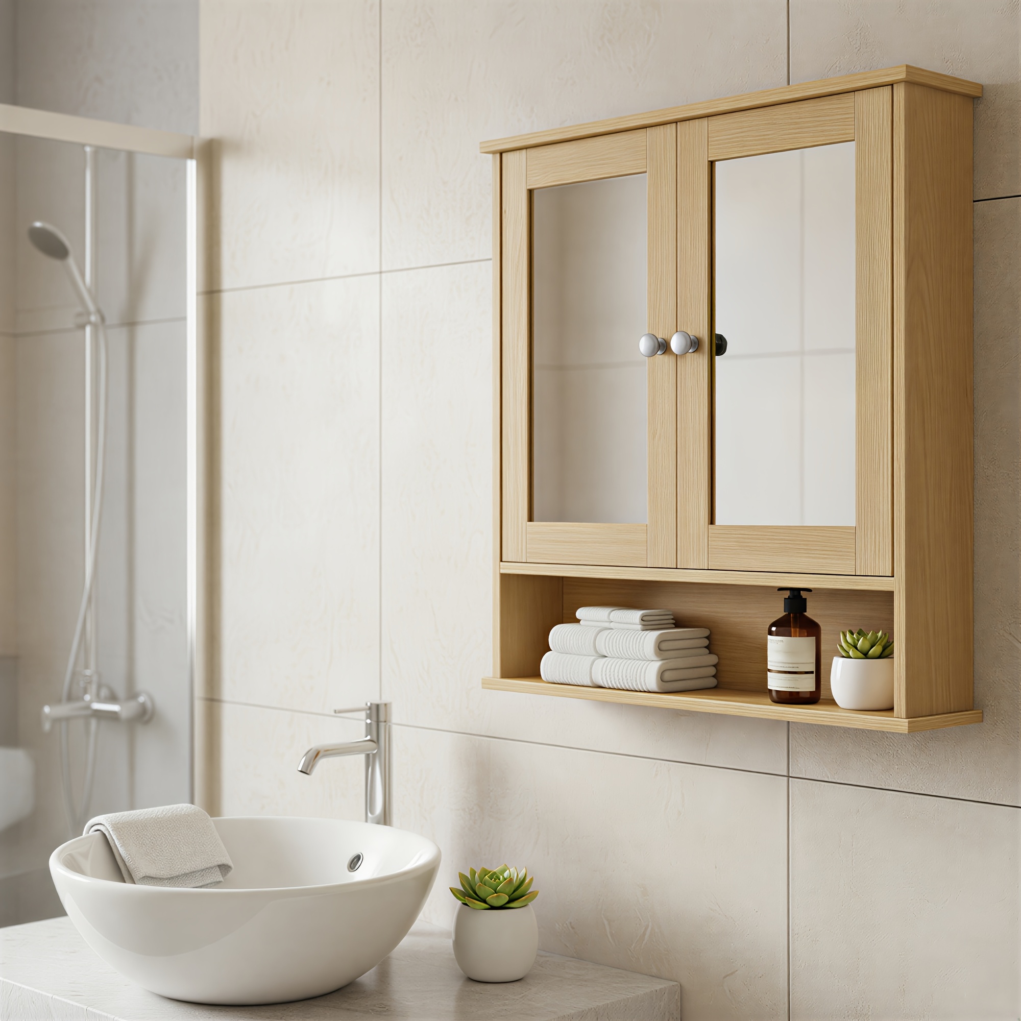 Wall Cabinet With Mirror, Bathroom Cabinet With 2 Mirrored Doors And Open Compartment, Adjustable Shelf, 13 X 56.5 X 58.5cm, Natural Oak Color