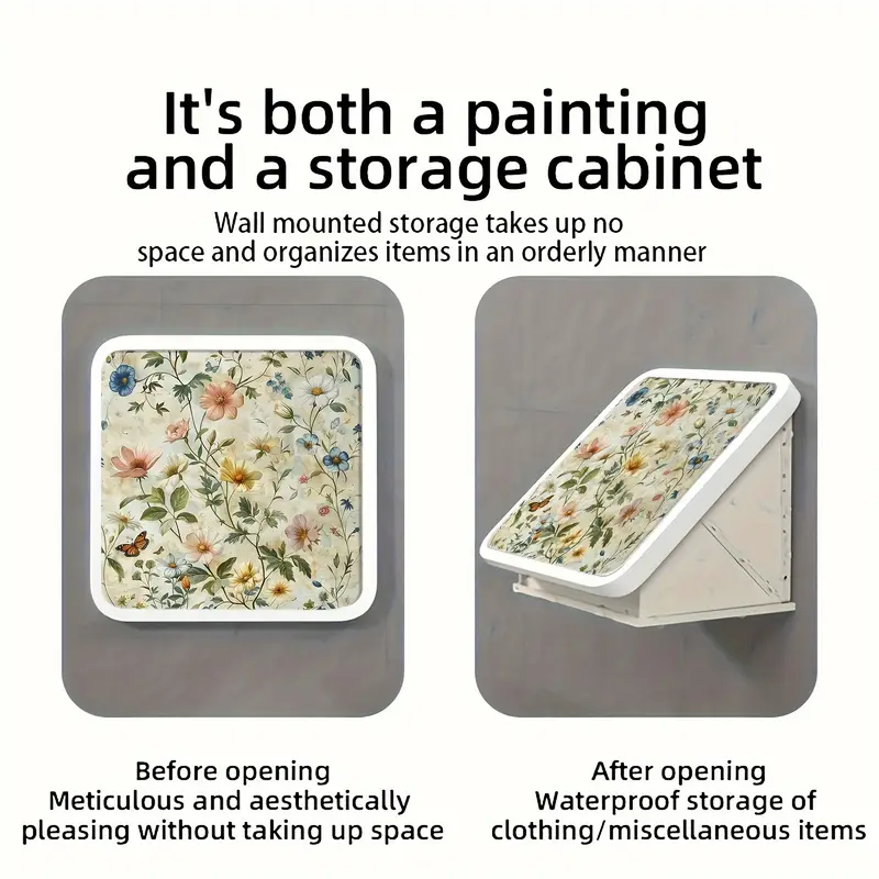 1pc vintage floral pattern mural storage shelf, bathroom hanging storage shelf, waterproof folding shelf, no toilet perforated wall mounted small locker, home organizing and storage, bathroom accessories, space saving details 4