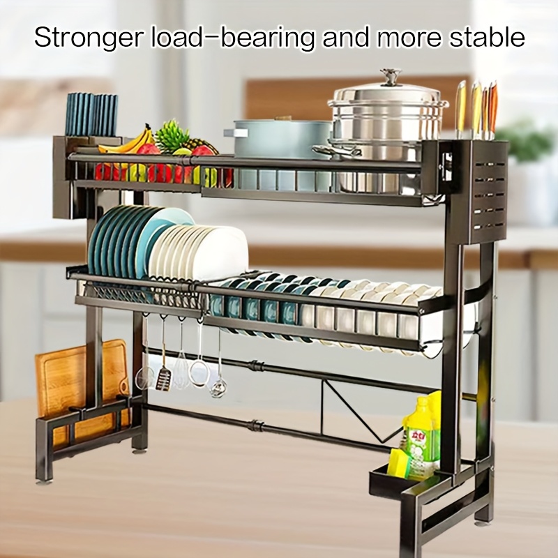   adjustable over the sink dish drying rack 2 tier space saving kitchen organizer with multifunctional baskets durable plastic carbon steel construction black over sink storage sleek black rack innovative design Product details 5