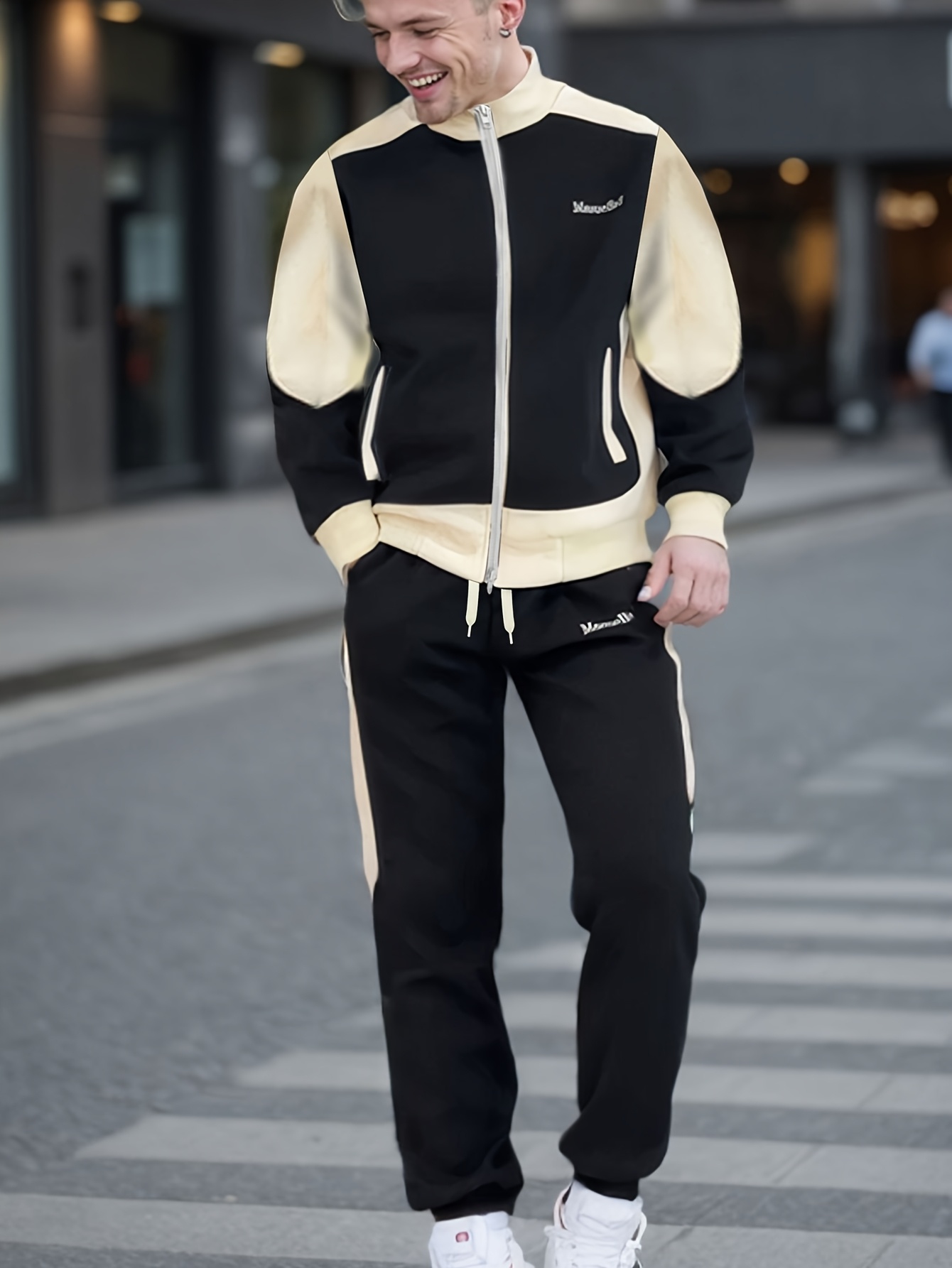 1 Set Men Hoodie Pants Solid Color Ribbed Cuff Jogger Suit