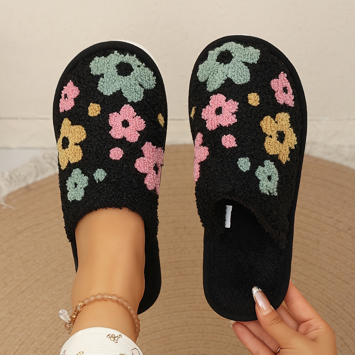 TEMU Pantuflas de casa retro florales - Zapatillas de interior/dormitorio de para adolescentes y mujeres, acolchada y parte superior de tela -