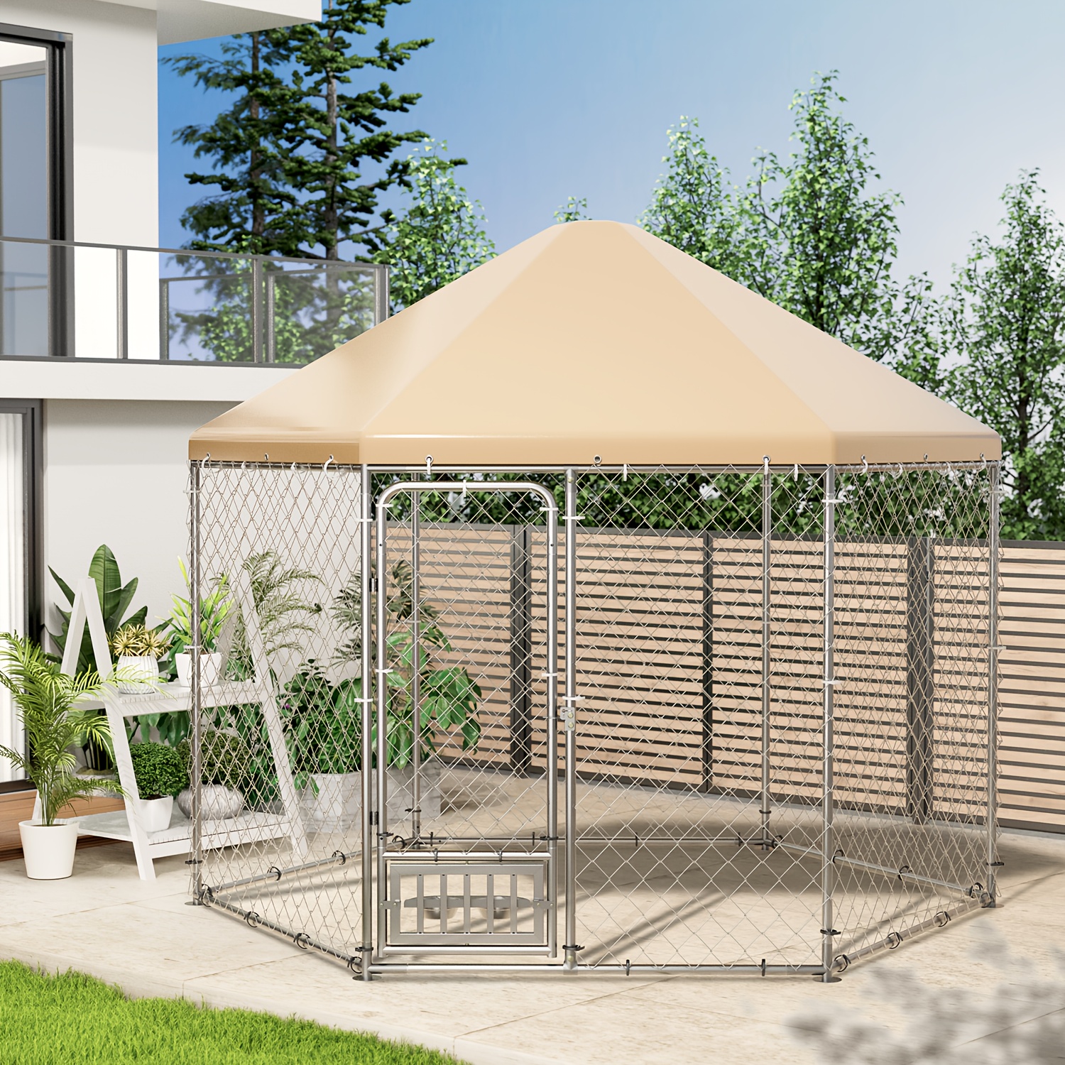 TEMU Dog Kennel , Large Dog Kennel Rotating Feeding Bowls, Hexagonal Dog Pens Outside For (9.3x9.3x8.1 Ft)