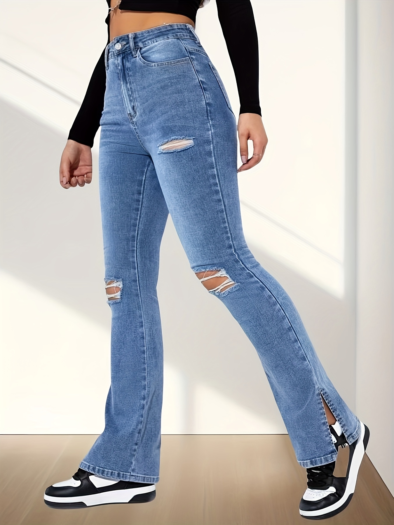 jean évasé déchiré taille haute femmes jean évasé en denim Temu