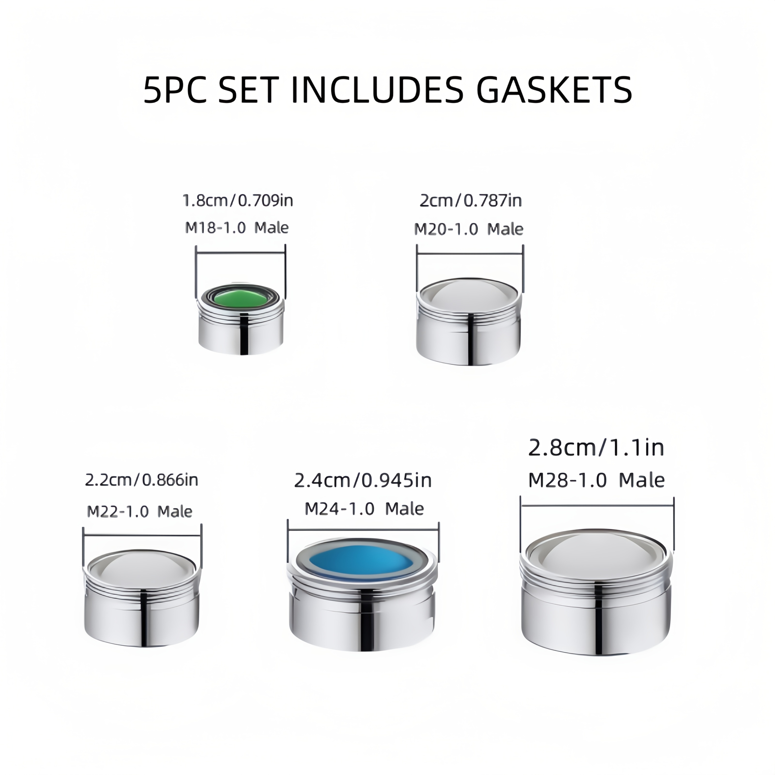 Image of 5pcs External Thread Faucet Aerator Set, M18, 20, 22, 24, 28 Internal Diameter 304 Stainless Steel, Brass Chrome-plated , Compatible With All External Thread Faucets