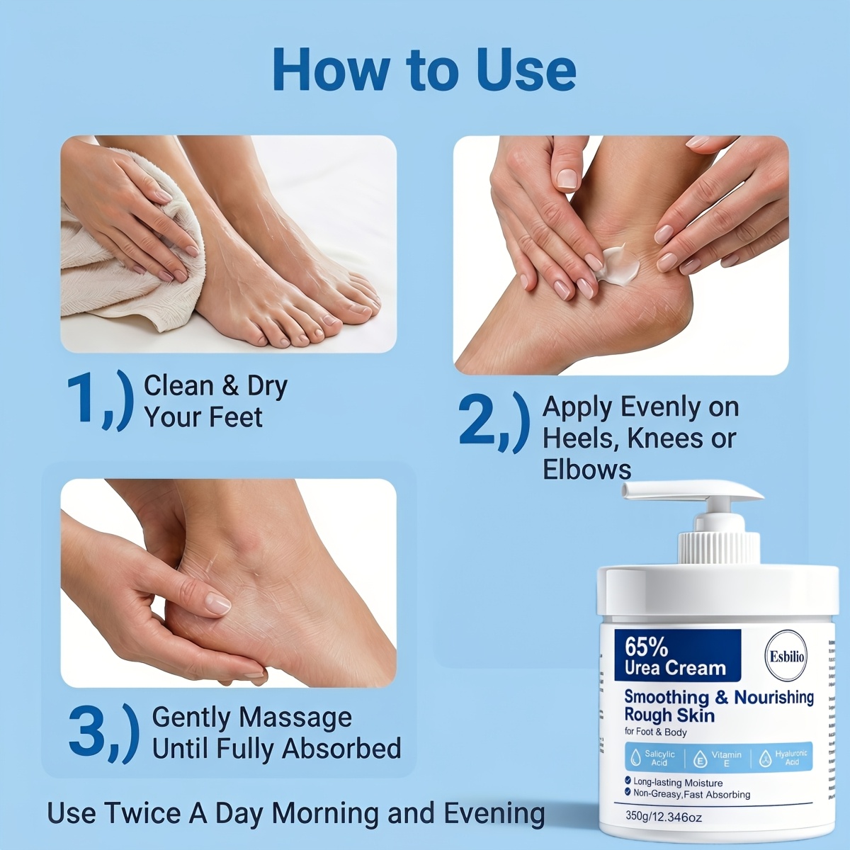 ESBILIO 350g 65% Urea Cream Suitable for Rough Dry Cracked Skin on Heels, Knees, Elbows & Hands - Fast-Absorbing Non-Greasy Formula with Salicylic Acid, Vitamin E & Hyaluronic Acid for, Hydration & Smoothing