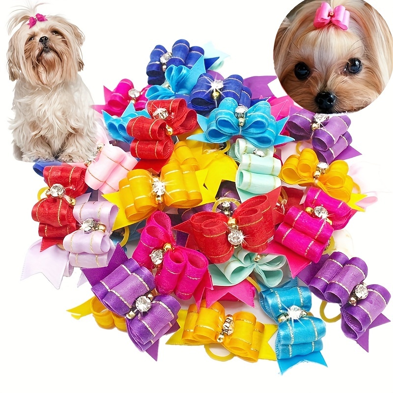 

10-pack Geometric Pattern Handmade Dog Hair Bows - Cute Bowknot Pet Grooming Accessories With Elastic Rubber Bands For Small Dogs And Puppies