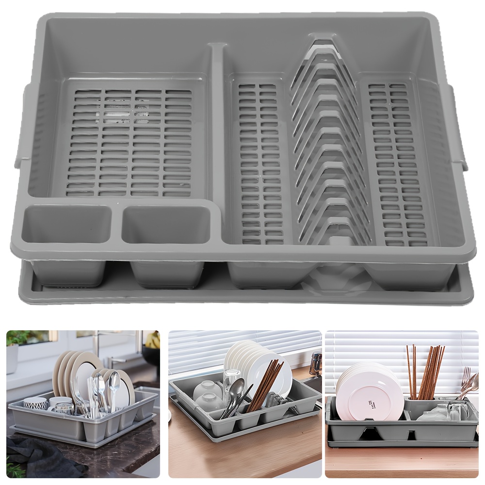 Space-Saving Dish Rack, Dish Basket, Drain Basket, Drain Grid, 45 X 38 X 7.5 Cm, Grey,   Organizes Plates, Bowls, Cups And Cutlery on The Kitchen Counter, Kitchen Countertop Dish Rack