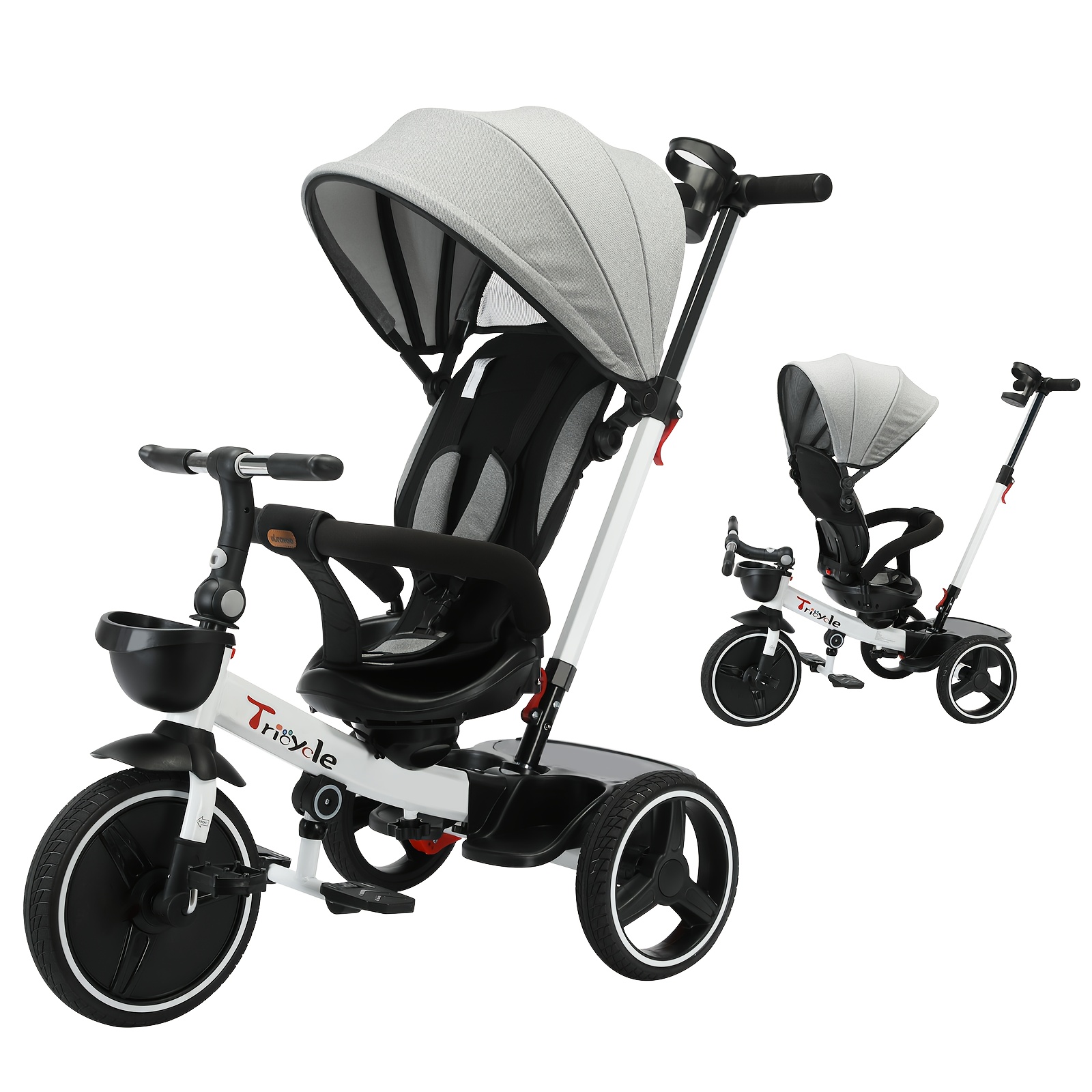 

1pc Tricycle, 6-in-1 Push Bike Stroller, Learning Bike, Detachable , Adjustable , Safety Harness, Folding Pedal, Storage Basket, Brake, Shock Absorption