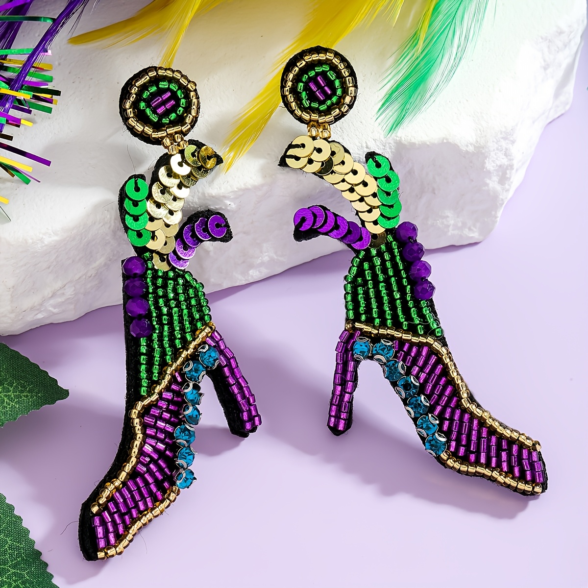 

Vintage Beaded High Heel Boot Drop Earrings For Women, Stainless Steel Post, Mardi Gras Festival Party Jewelry, Handcrafted Sequin And Bead Dangle Earrings For , Wear