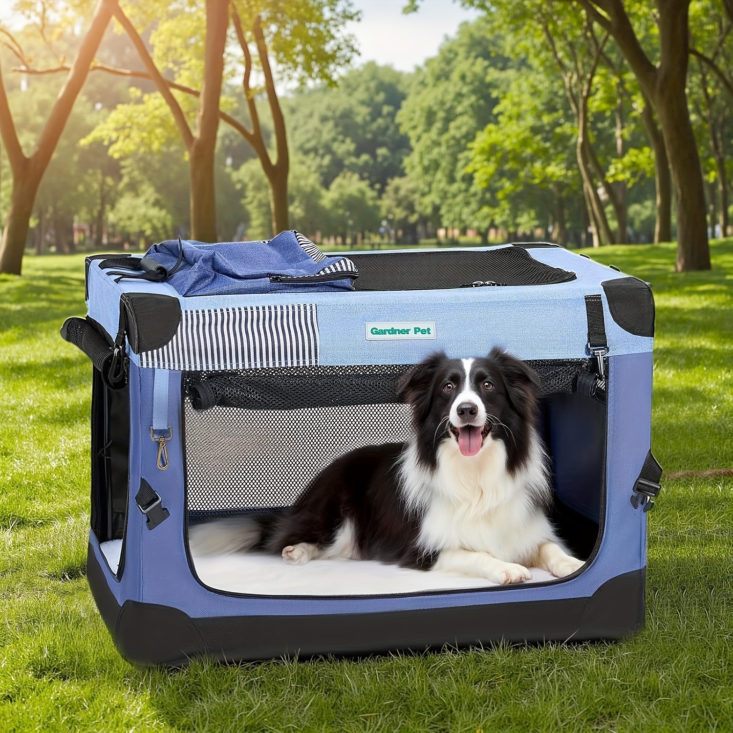Image of Soft Dog Travel Crate, Collapsible Dog Crate With 3-door Anti-bite Mesh Windows And Storage Bag, Portable Dog Car Crate For Puppy/small Dogs Indoor And Outdoor, 3-size, Denie Blue