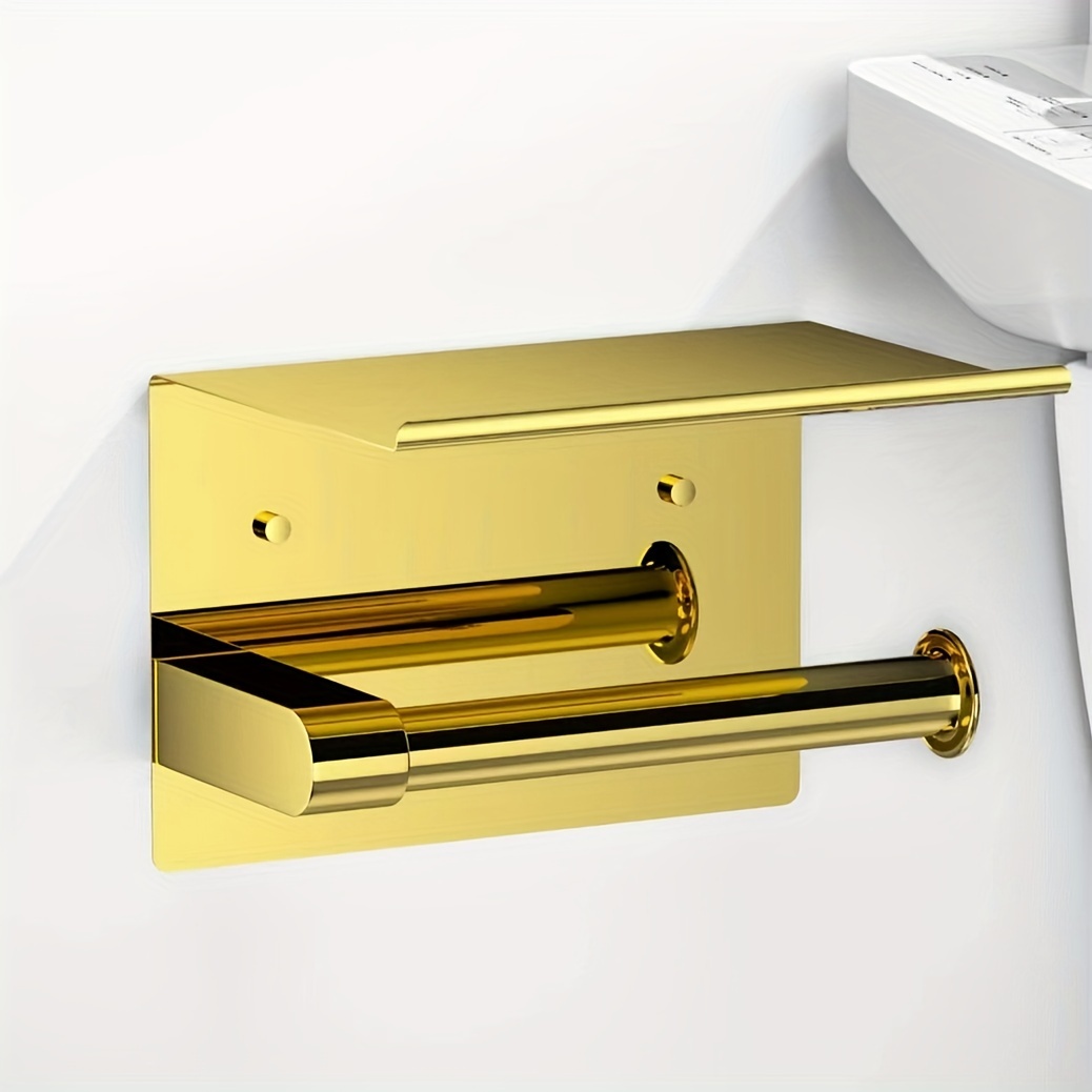 

1pc Stainless Steel Toilet Paper Holder With Golden Plating, Available With Or Without Drilling (suitable For Hotel And Guesthouse Bathrooms)