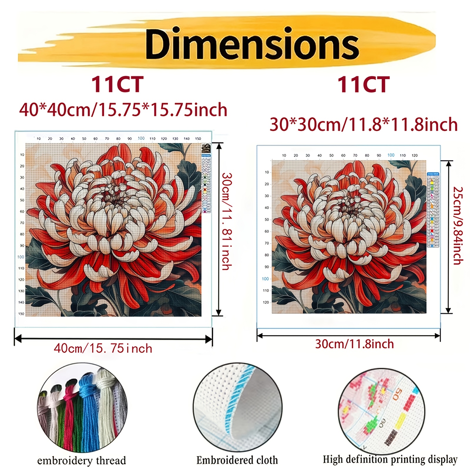 Cross-Stitch Kit Featuring Blooming Red and White Chrysanthemums, Perfect for Beginners