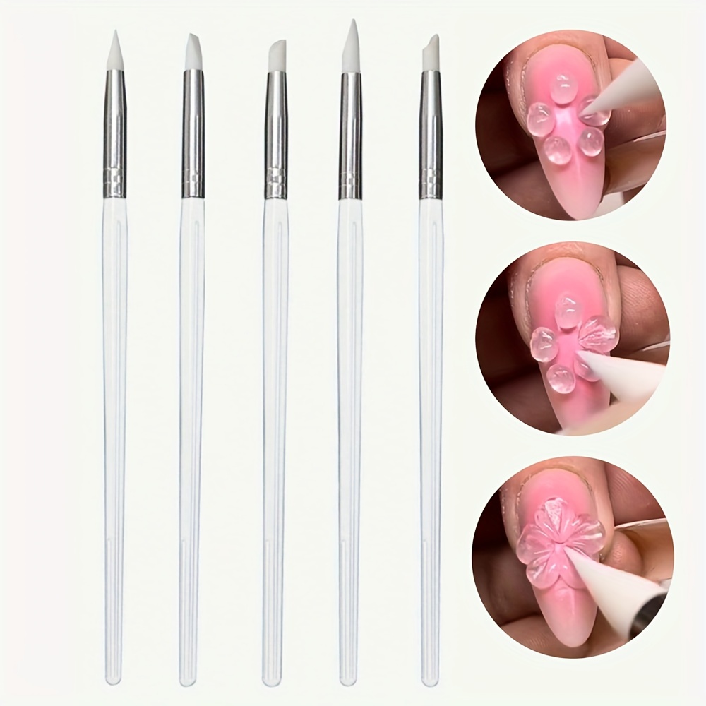 

5pcs Silicone Nail Art Brushes Set - Carving, Embossing, Hollow Sculpture, Uv Gel Shaping Tools For Pottery & Diy Nail Art Design - Unscented Silicone Brushes For Nail Modeling