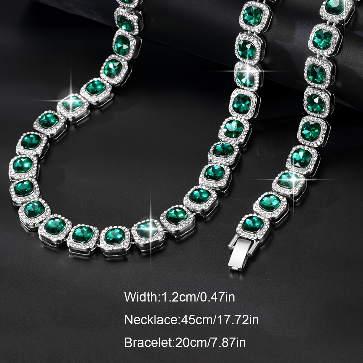 E-shop 2-teiliges Set mit Stylischem Kubanischer Kettenhalskette und Armband mit Funkelnden Grünen Strasssteinen, Street Rap Accessoires,