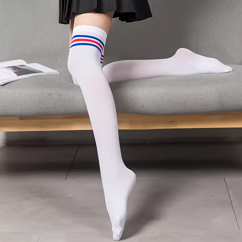 TEMU Spring/summer 1-pair Black And White Striped Over-the-knee Socks For Women, Solid Color Classic Striped Thigh-high/calf Socks, Stretchy And