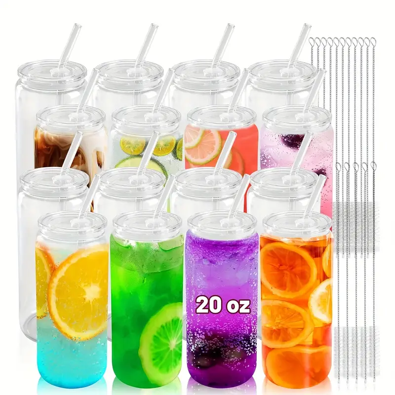 20 oz glass cups with acrylic lids and straws 16 pcs can shaped glass iced coffee cups with lids drinking jar glasses cute tumbler cup great for smoothie soda boba tea cocktail beer gift Product details 10