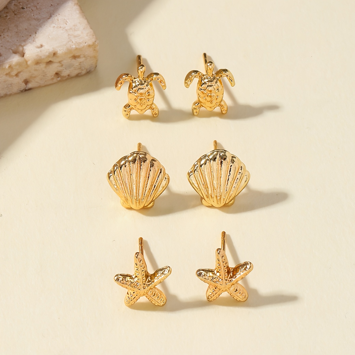 3-pair Plated Sea, Seashell & Sea Turtle Earrings Suitable For Women's Beach Jewelry, Nautical Stud Ear Piercing For Daily Wear, Vacation, Ocean-themed Gifts