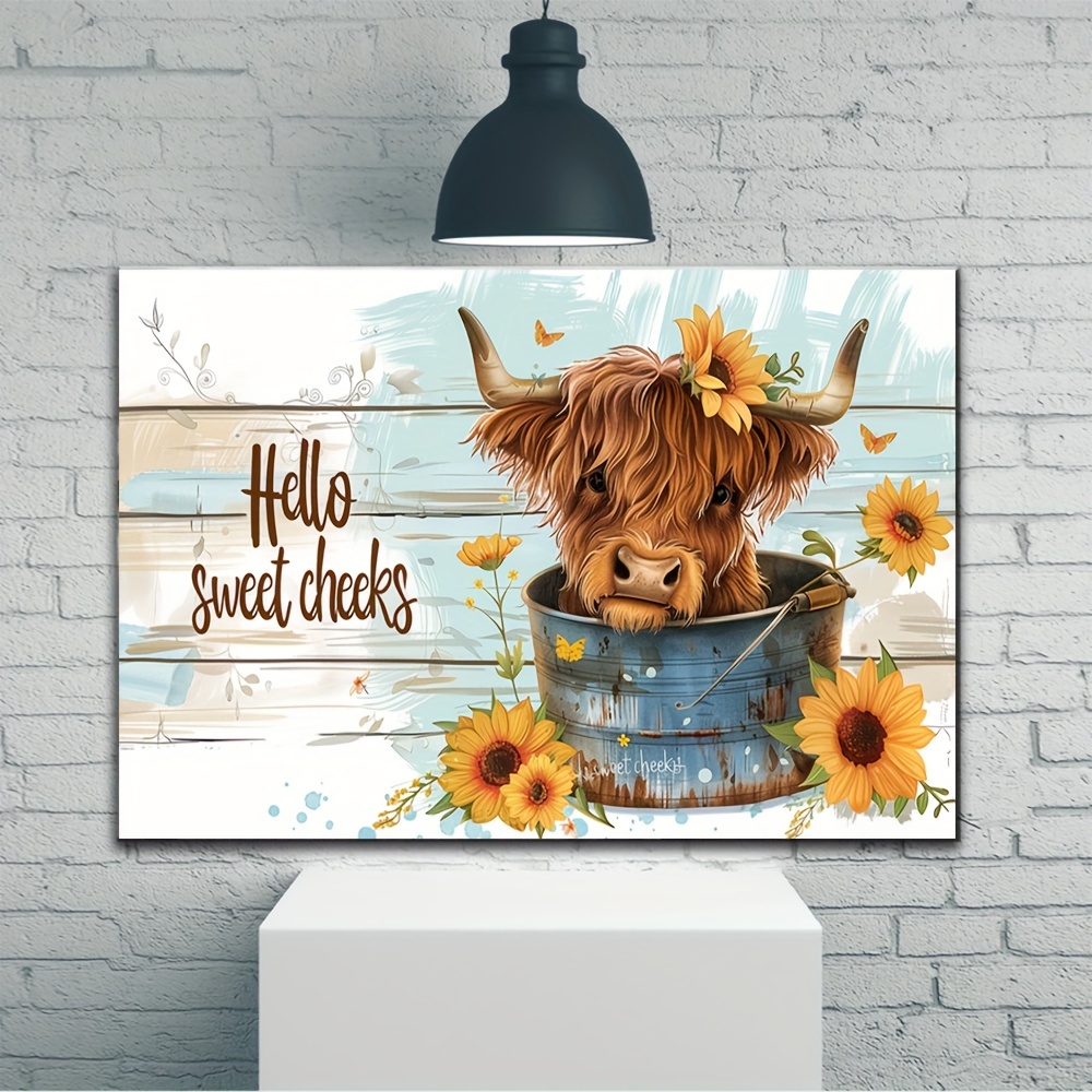 

1pc Wooden Framed Canvas Painting Highland Cow Sunflower Wall Art Prints For Home Decoration, Living Room, Bedroom, Bathoom & Bathtub, Festival Party Decor, Gifts, Ready To Hang