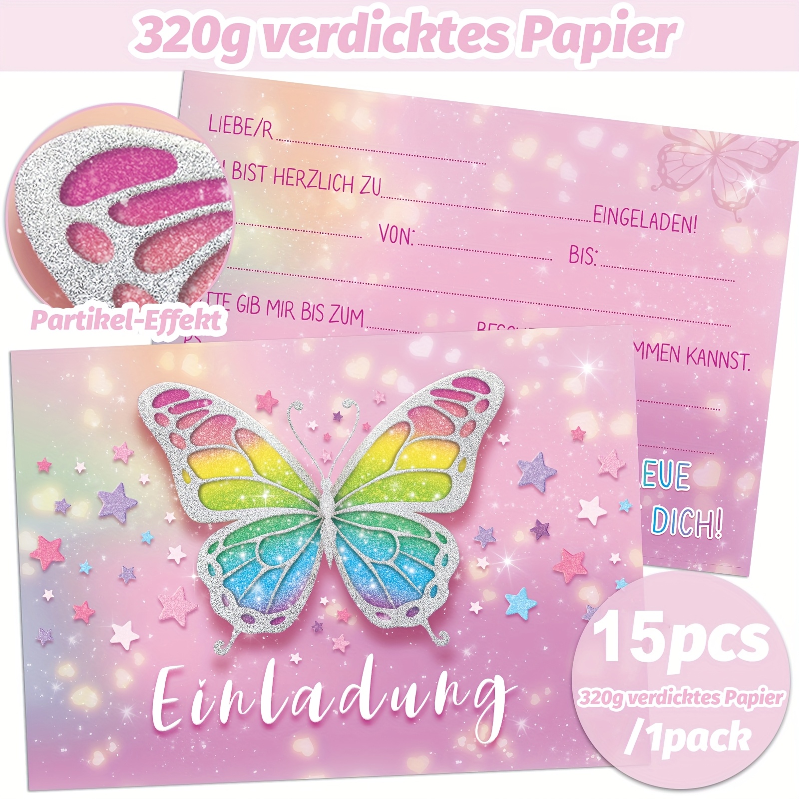 Image of 15 Silvery Particle Sanded Craft Invitations | Colorful Design | And Flower Theme | Invitation Language In German 'einlabung' | Essential For Birthdays/parties/events