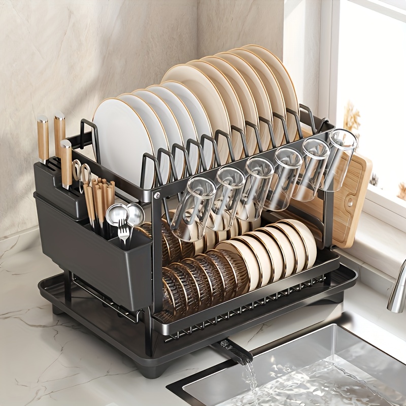 TEMU Large-capacity Double-layer Carbon Steel Kitchen Dish Rack, With Thickened Support And Utensil Holder. This Metal Dish Drainer Is Suitable For