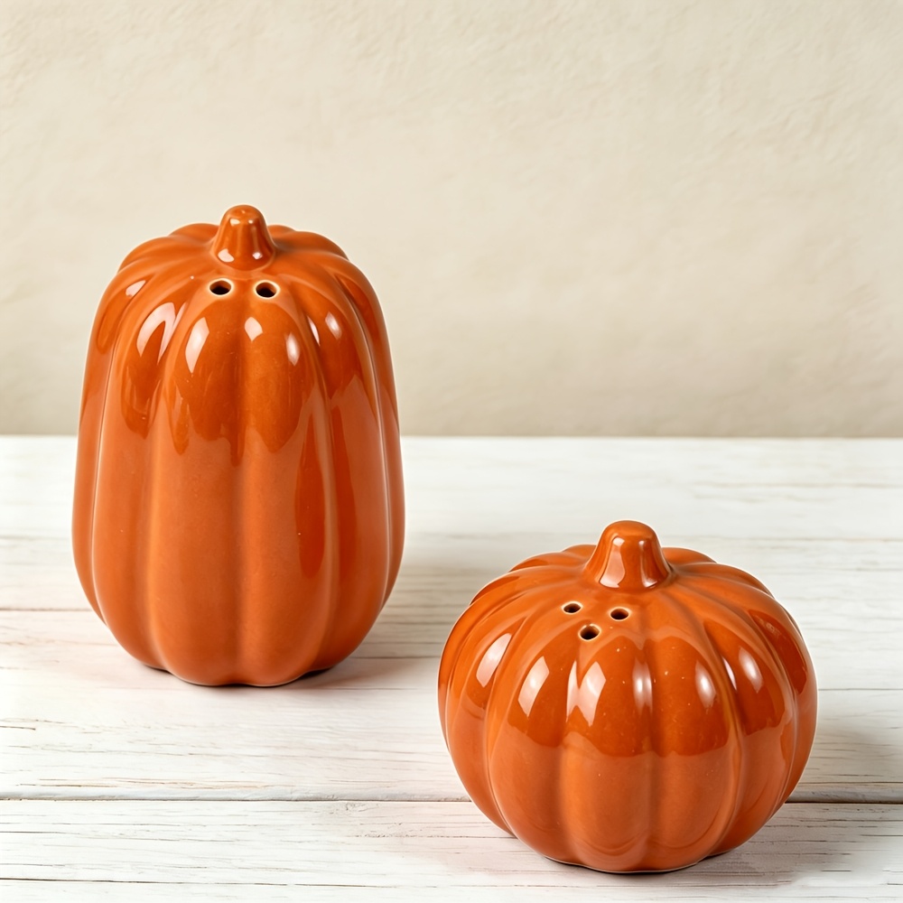 TEMU 2pcs Pumpkin Shaped Ceramic Salt Pepper Shakers Set Cute Orange Spice Bottles Farmhouse Kitchen Table Decor, Portable Seasoning Jars For Outdoor