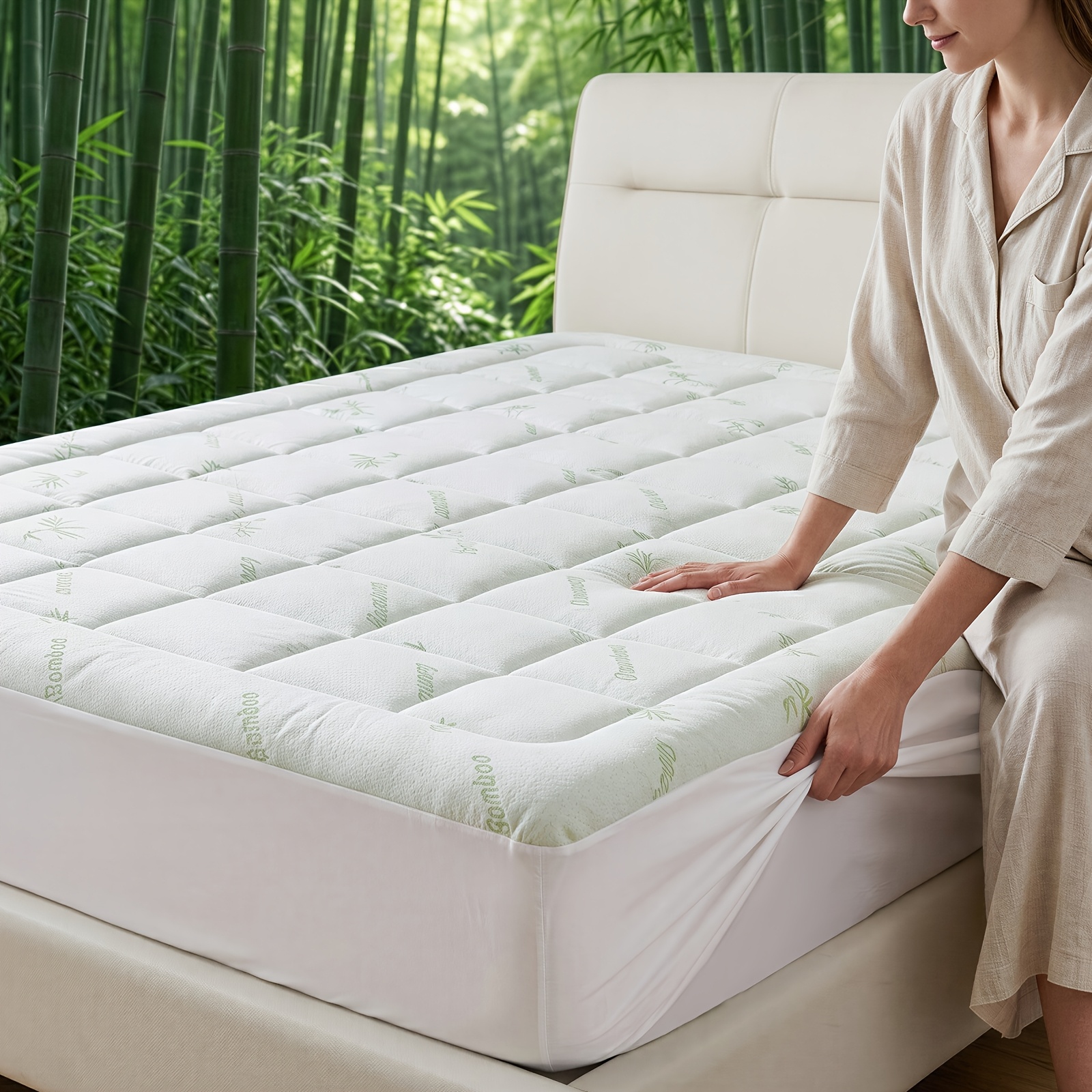 TEMU Surmatelas Épaissi 1000GSM en Fibre de Bambou, Adapté à Tous Types de Lits, Matelas de Lit Rafraîchissant et Respirant à Couverture Intégrale,