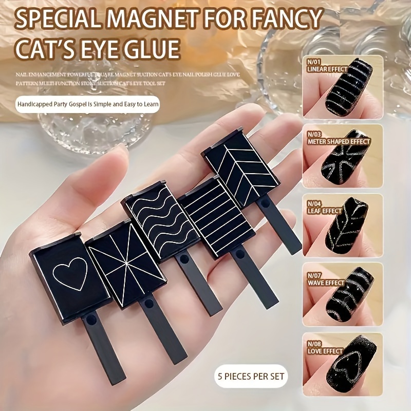 

5pcs Cat Eye Gel Nail Art Kit - Professional Magnetic Tools With Strong , Heart & Wave Designs, -free Accessories For Easy Manicure, Polishing