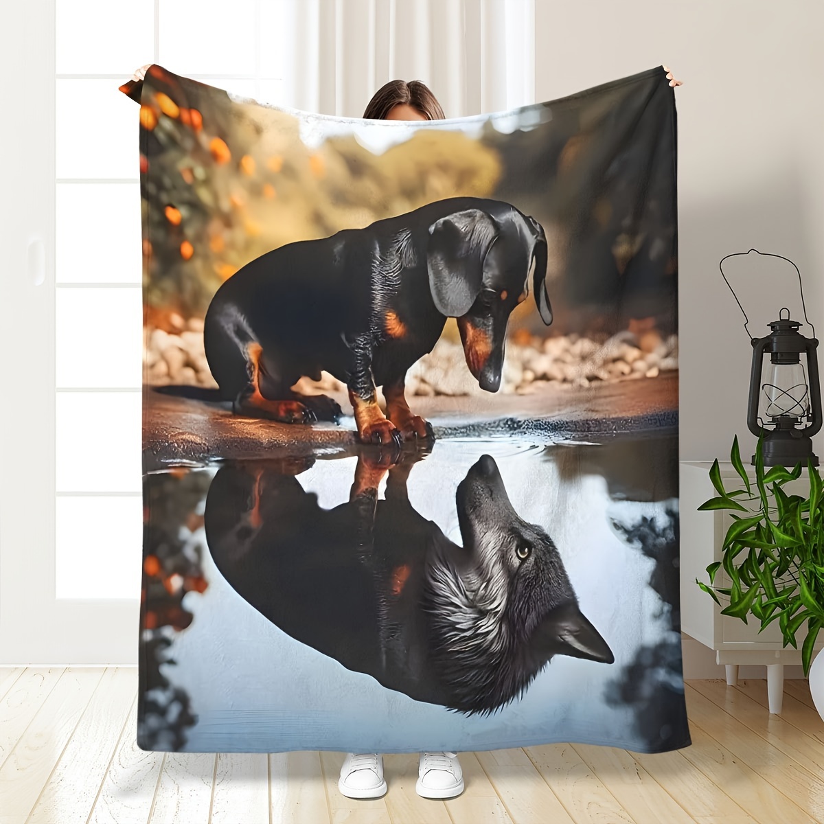 

Contemporary Dachshund & Wolf Throw Blanket - Soft For Sofa, Office , Camping & Home Decor - Ideal Gift - Polyester, All