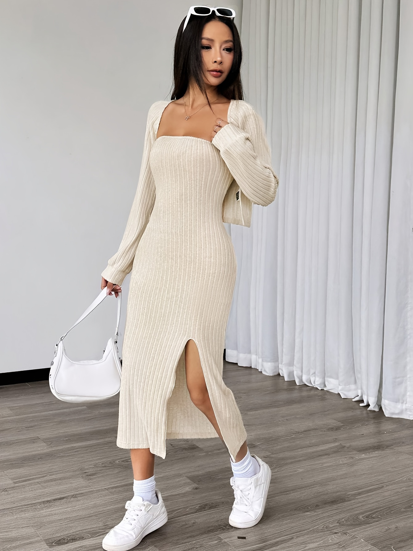 fashion casual solid color split ribbed bodycon dress front - Temu Kuwait