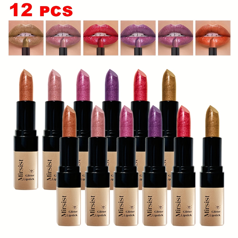 TEMU 12pcs Mirsist Golden Squaretube Lipstick Newshimmer Long-lasting Metallic Lipstick For Party Makeup, Stage Halloween Cosmetics, 6 Colors