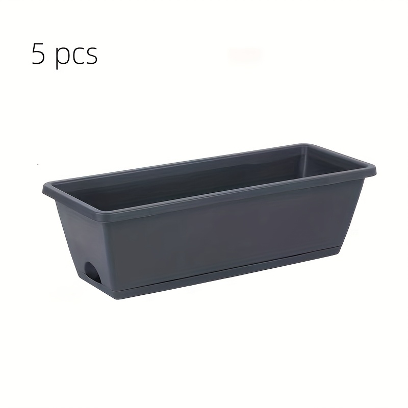 A Collection Of 5 Vintage-style Rectangular Plastic Planters Featuring Drainage Holes And Geometric Designs, Ideal For Growing Vegetables, Flowers, And Herbs On Windowsills, In Courtyards, Gardens